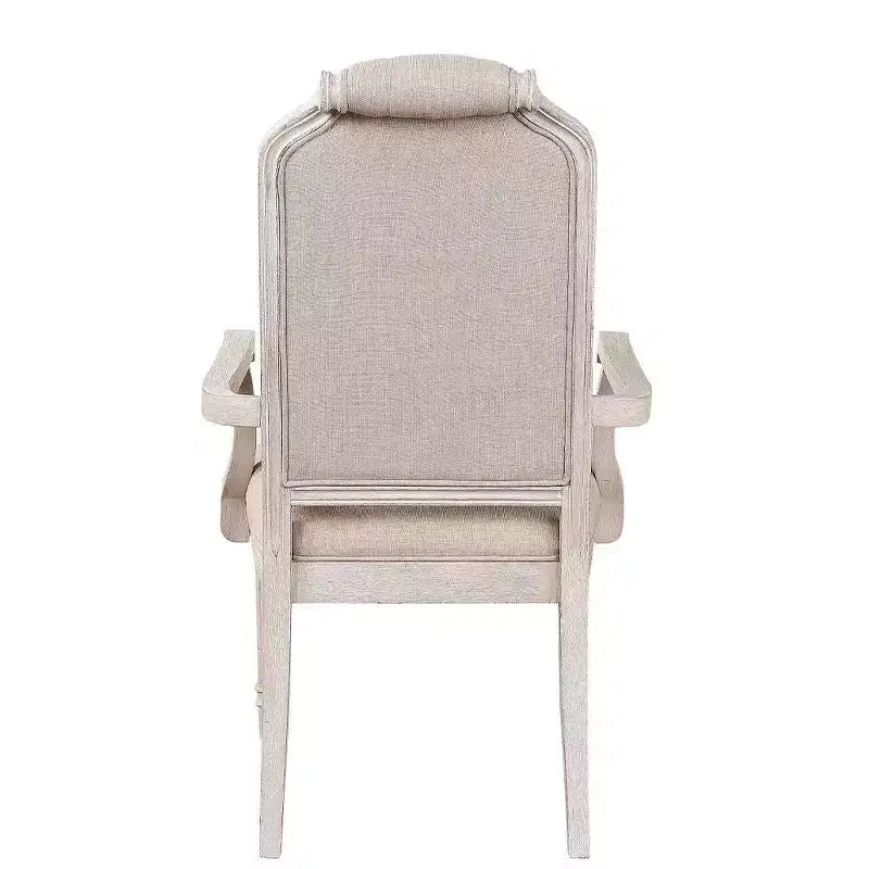 Sedia da pranzo con braccioli e schienale alto, rivestimento in tessuto, gambe vintage bianco osso