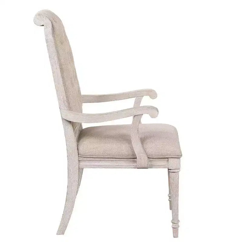 Sedia da pranzo con braccioli e schienale alto, rivestimento in tessuto, gambe vintage bianco osso