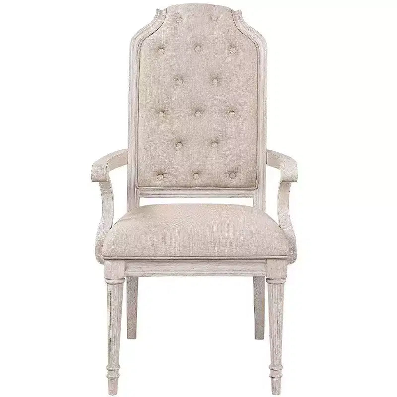 Sedia da pranzo con braccioli e schienale alto, rivestimento in tessuto, gambe vintage bianco osso