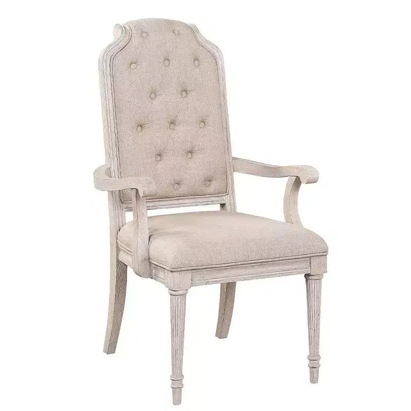 Sedia da pranzo con braccioli e schienale alto, rivestimento in tessuto, gambe vintage bianco osso