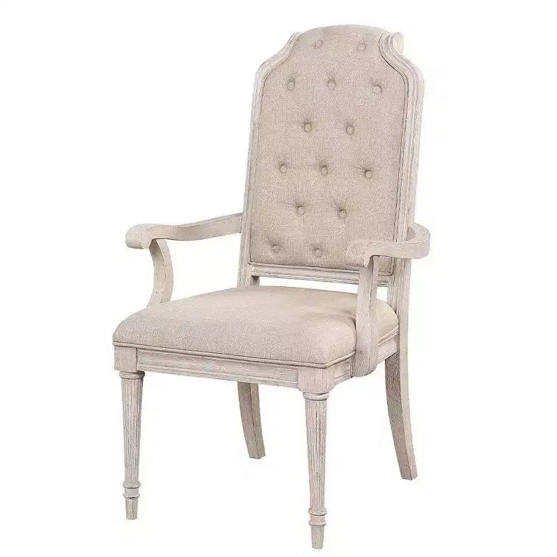 Sedia da pranzo con braccioli e schienale alto, rivestimento in tessuto, gambe vintage bianco osso
