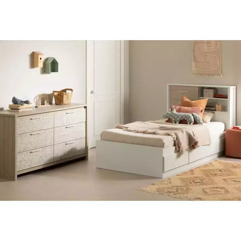Cassettiera orizzontale a 6 cassetti, Olmo chiaro/Bianco, 148,6 cm L, Ferramenta anti-ribaltamento