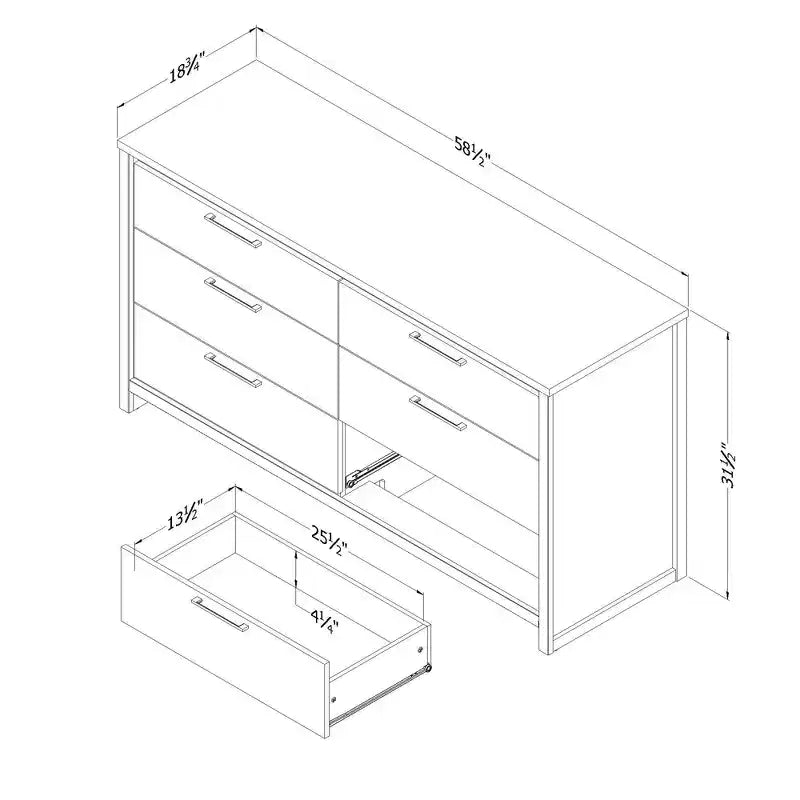 Cassettiera orizzontale a 6 cassetti, Olmo chiaro/Bianco, 148,6 cm L, Ferramenta anti-ribaltamento