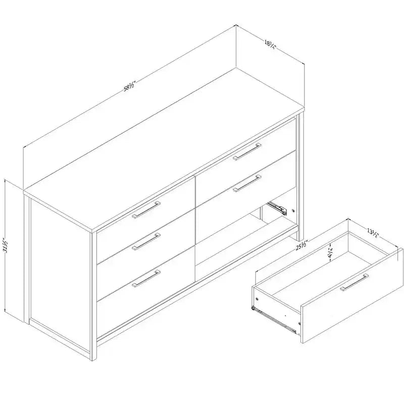 Cassettiera orizzontale a 6 cassetti, Olmo chiaro/Bianco, 148,6 cm L, Ferramenta anti-ribaltamento