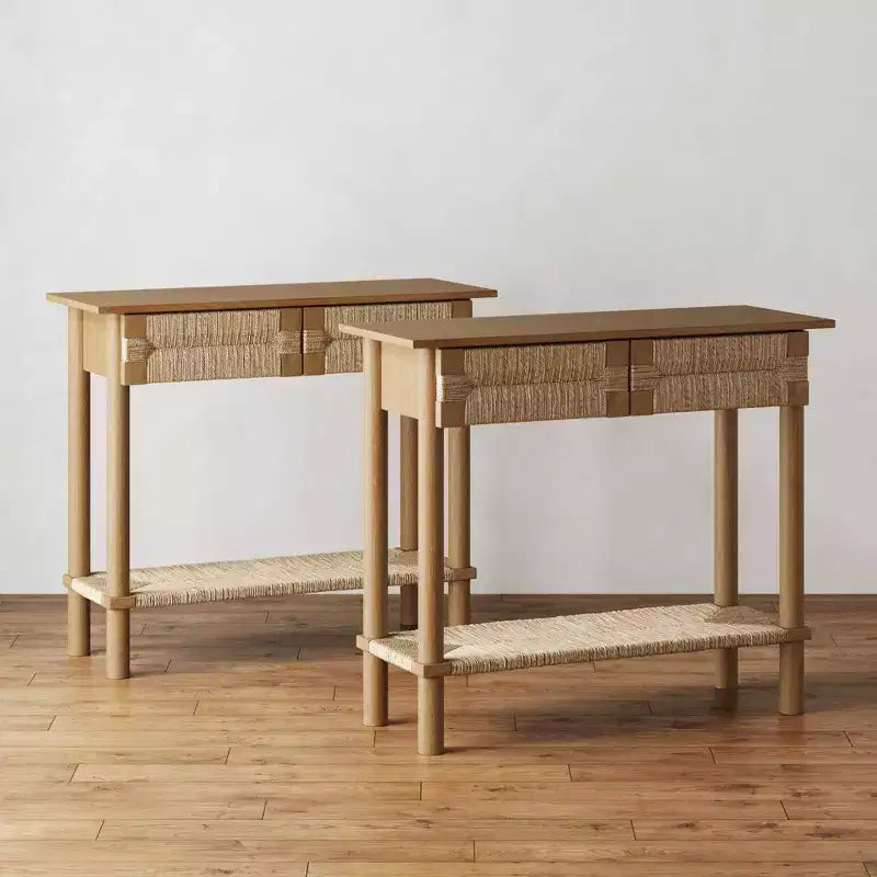 Set di 2 Tavoli Console in Erba Marina, Marrone Chiaro
