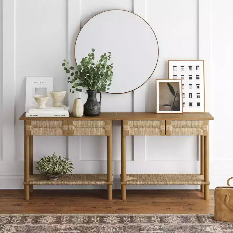 Set di 2 Tavoli Console in Erba Marina, Marrone Chiaro