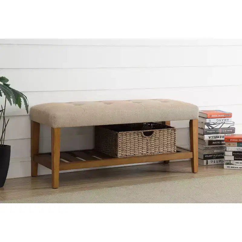 Acme Furniture Charla Ottomans and Benches Beige Fabric/Oak Finish