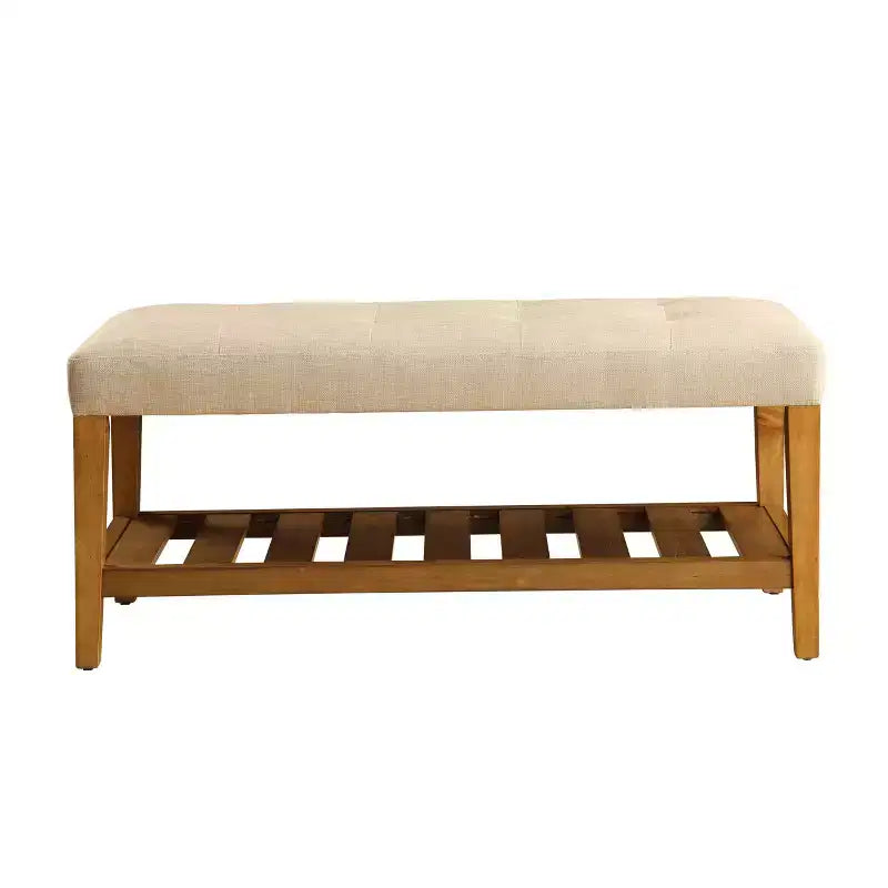 Panca pouf imbottita, tessuto beige, gambe con finitura rovere