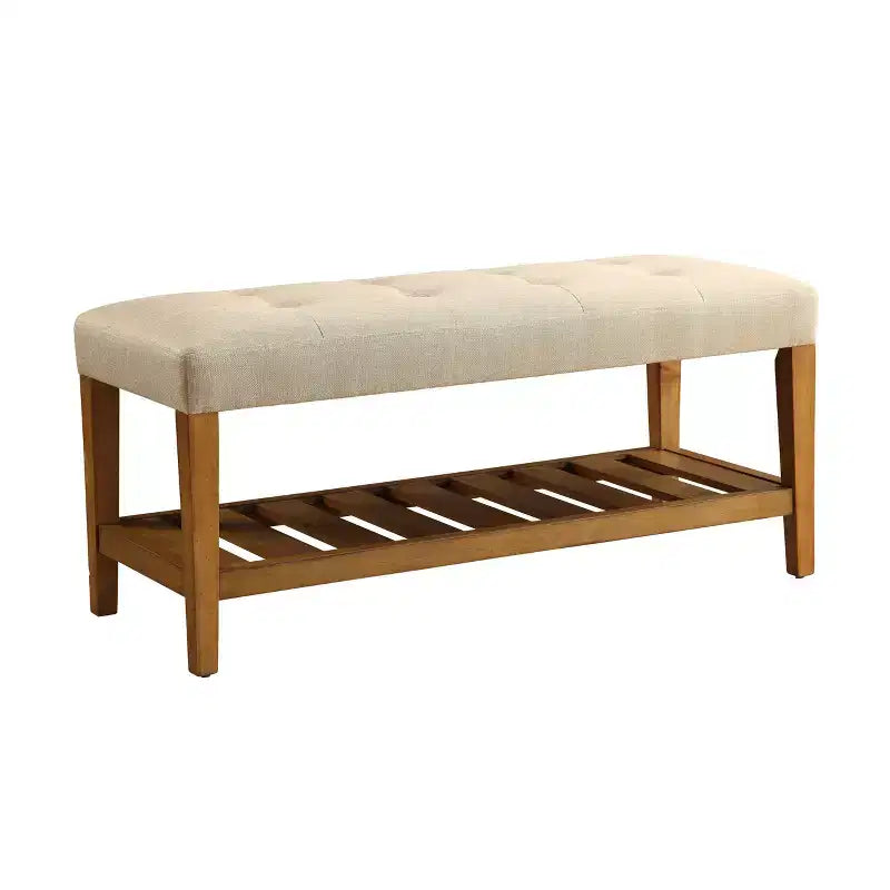 Panca pouf imbottita, tessuto beige, gambe con finitura rovere