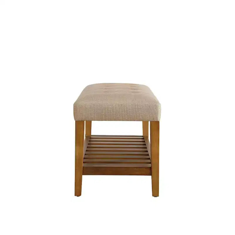 Panca pouf imbottita, tessuto beige, gambe con finitura rovere
