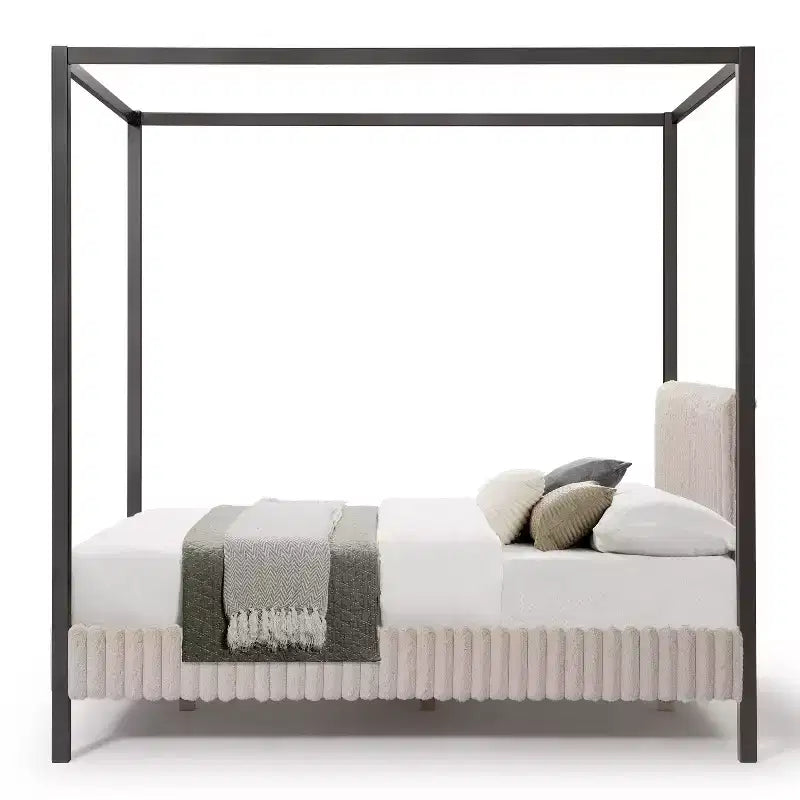 Letto a piattaforma Queen con baldacchino e rivestimento in velluto a coste, marrone chiaro
