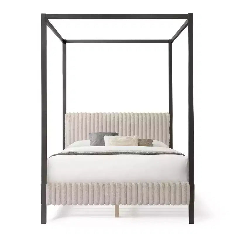 Letto a piattaforma Queen con baldacchino e rivestimento in velluto a coste, marrone chiaro