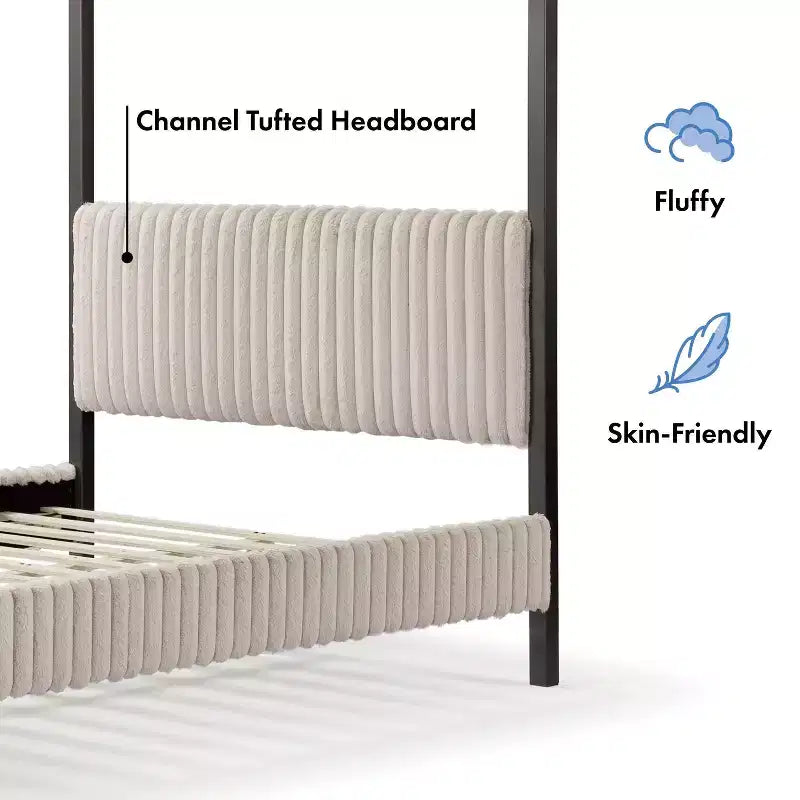 Letto a piattaforma Queen con baldacchino e rivestimento in velluto a coste, marrone chiaro