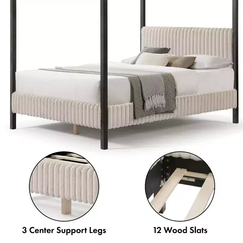 Letto a piattaforma Queen con baldacchino e rivestimento in velluto a coste, marrone chiaro