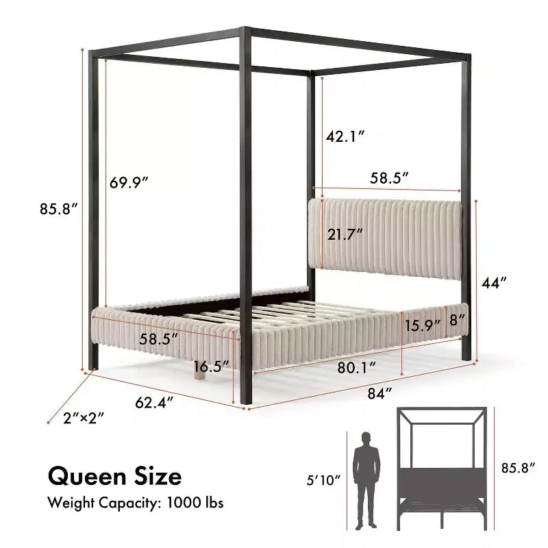 Letto a piattaforma Queen con baldacchino e rivestimento in velluto a coste, marrone chiaro