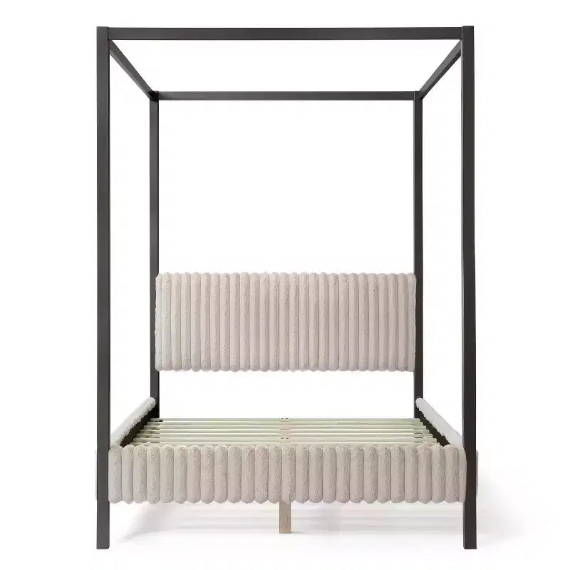 Letto a piattaforma Queen con baldacchino e rivestimento in velluto a coste, marrone chiaro