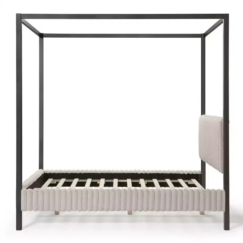 Letto a piattaforma Queen con baldacchino e rivestimento in velluto a coste, marrone chiaro