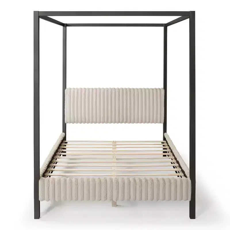 Letto a piattaforma Queen con baldacchino e rivestimento in velluto a coste, marrone chiaro