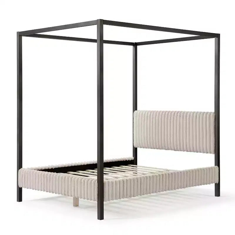 Letto a piattaforma Queen con baldacchino e rivestimento in velluto a coste, marrone chiaro