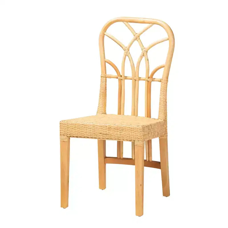 Sedia da pranzo bohémien in legno di mogano e rattan naturale, marrone quercia