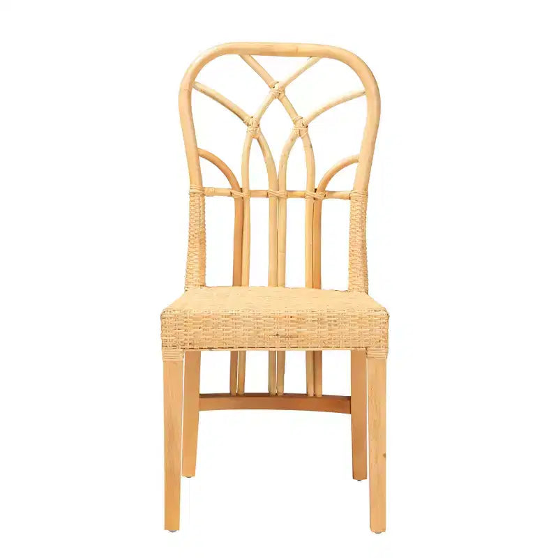 Sedia da pranzo bohémien in legno di mogano e rattan naturale, marrone quercia