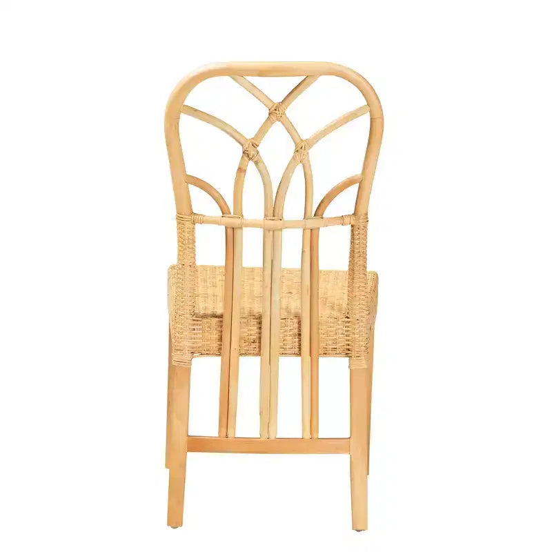 Sedia da pranzo bohémien in legno di mogano e rattan naturale, marrone quercia