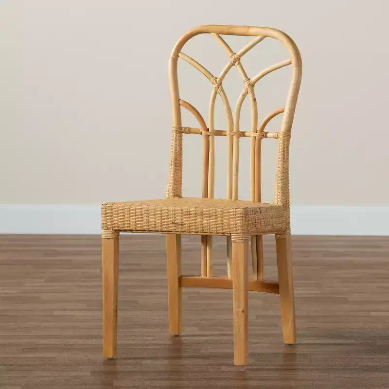 Sedia da pranzo bohémien in legno di mogano e rattan naturale, marrone quercia
