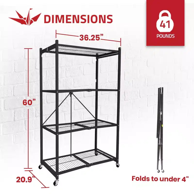 Scaffale pieghevole in metallo a 4 ripiani con ruote, capacità di 453 kg, nero (ricondizionato certificato)
