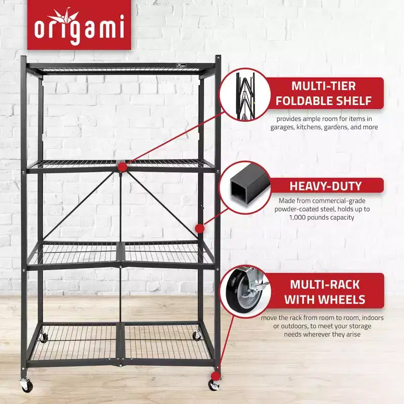 Scaffale pieghevole in metallo a 4 ripiani con ruote, capacità di 453 kg, nero (ricondizionato certificato)