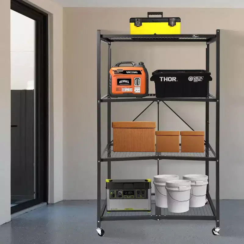 Scaffale pieghevole in metallo a 4 ripiani con ruote, capacità di 453 kg, nero (ricondizionato certificato)