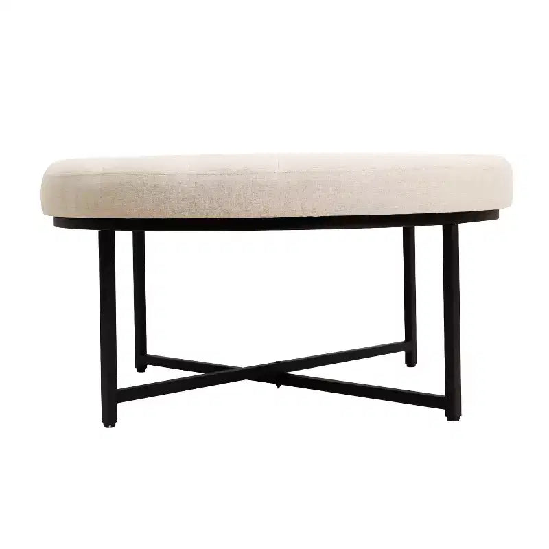 Pouf rotondo trapuntato, cotone lino, struttura in ferro, 86 cm di diametro