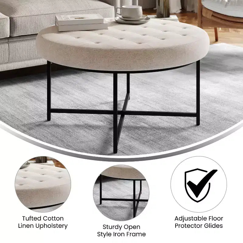 Pouf rotondo trapuntato, cotone lino, struttura in ferro, 86 cm di diametro