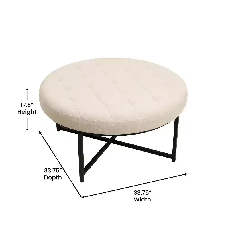 Pouf rotondo trapuntato, cotone lino, struttura in ferro, 86 cm di diametro