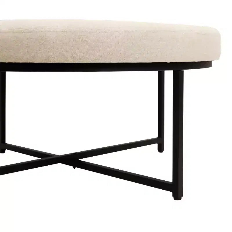 Pouf rotondo trapuntato, cotone lino, struttura in ferro, 86 cm di diametro