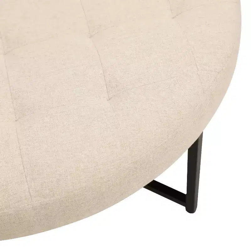 Pouf rotondo trapuntato, cotone lino, struttura in ferro, 86 cm di diametro