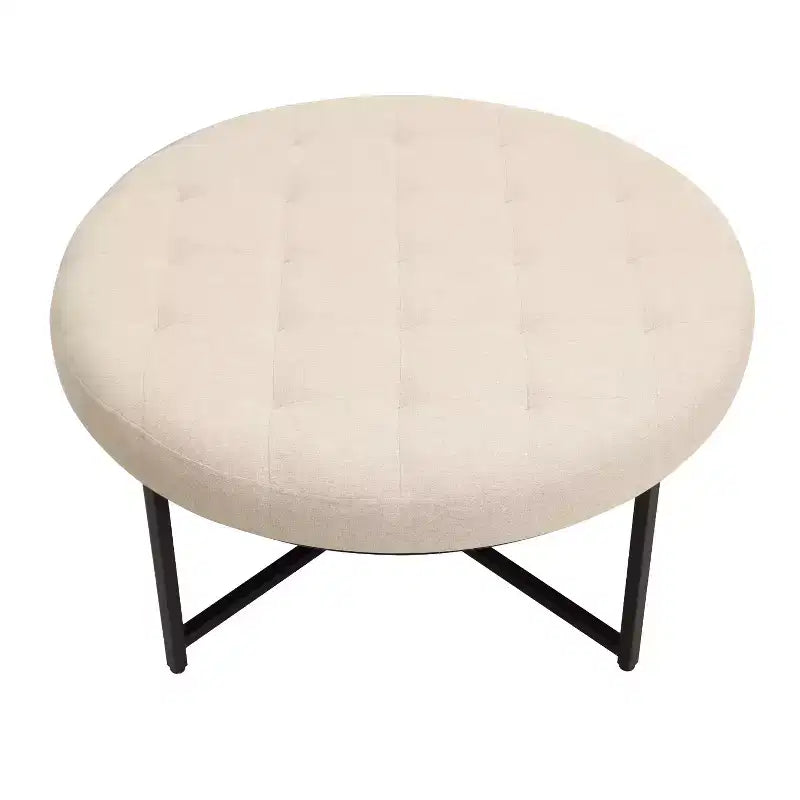 Pouf rotondo trapuntato, cotone lino, struttura in ferro, 86 cm di diametro