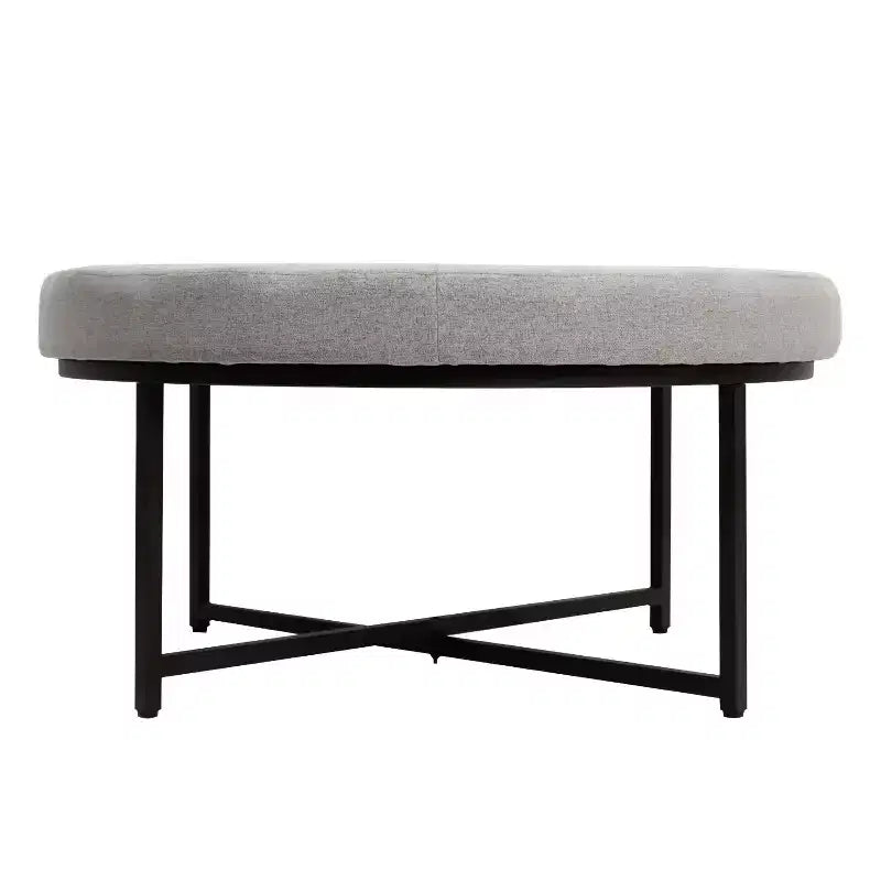 Pouf rotondo trapuntato, cotone lino, struttura in ferro, 86 cm di diametro