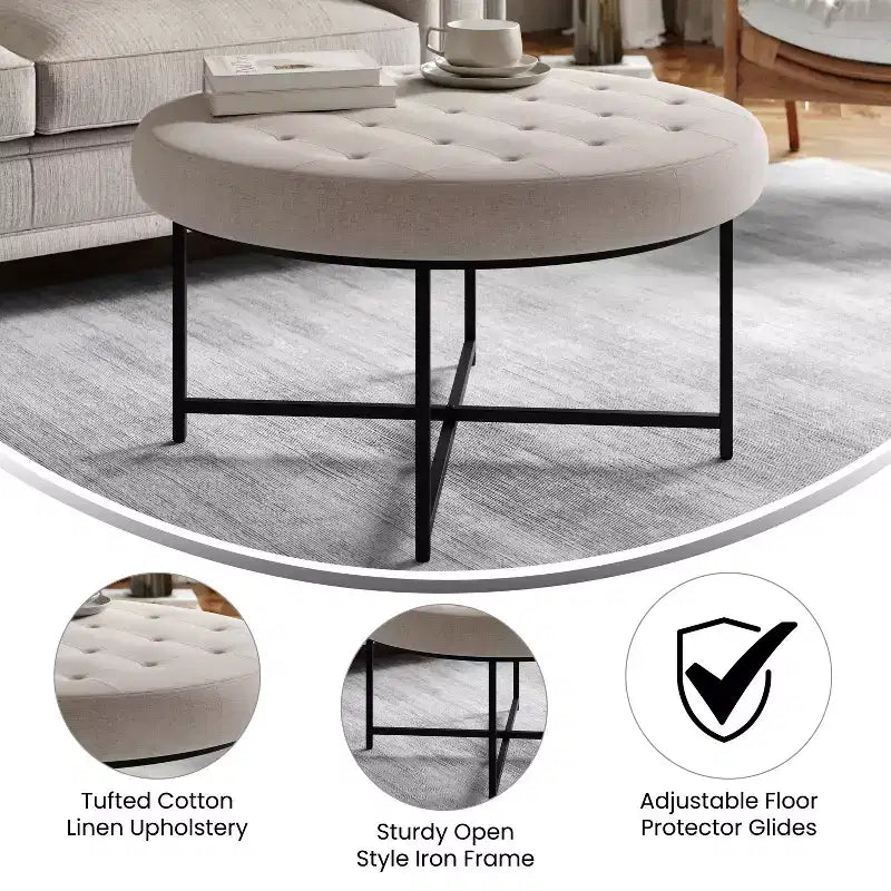 Pouf rotondo trapuntato, cotone lino, struttura in ferro, 86 cm di diametro