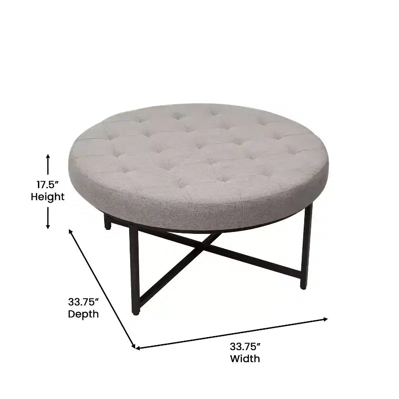 Pouf rotondo trapuntato, cotone lino, struttura in ferro, 86 cm di diametro