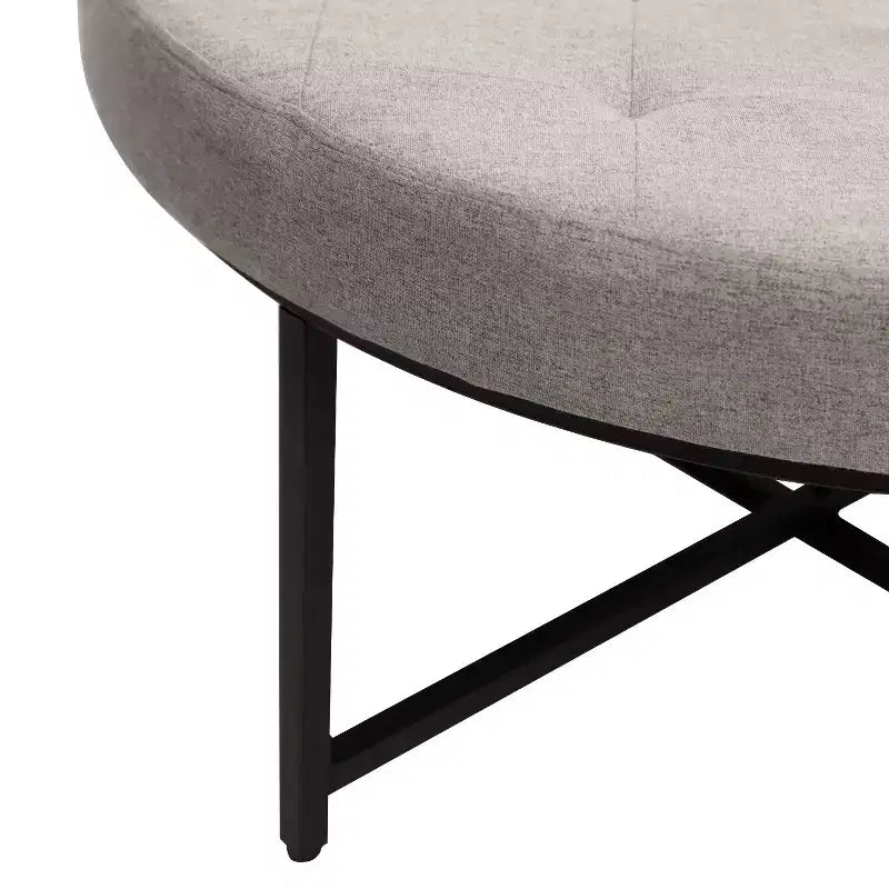 Pouf rotondo trapuntato, cotone lino, struttura in ferro, 86 cm di diametro