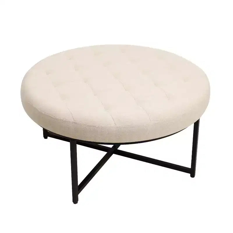Pouf rotondo trapuntato, cotone lino, struttura in ferro, 86 cm di diametro