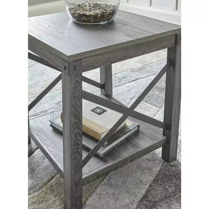 Tavolino Quadrato, Marrone Grigio, Stile Rustico con Dettagli in Metallo