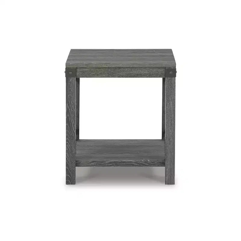 Tavolino Quadrato, Marrone Grigio, Stile Rustico con Dettagli in Metallo