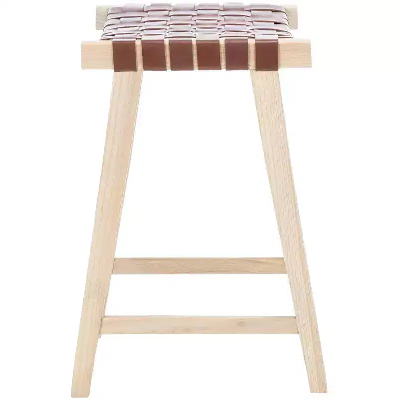 Sgabello da bancone senza schienale con seduta in pelle intrecciata, struttura in legno, 47 cm L x 35,5 cm P