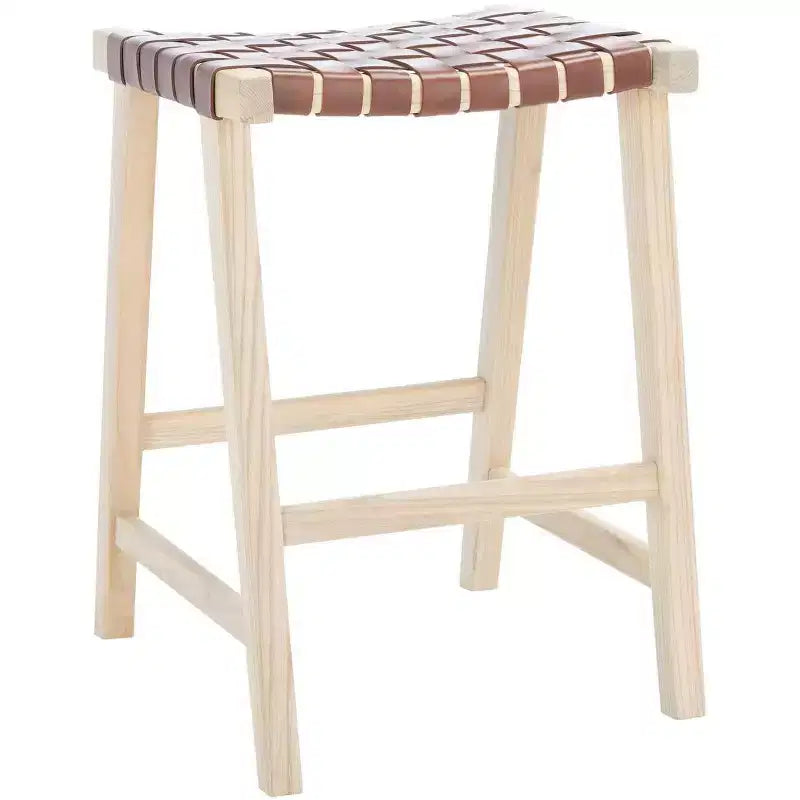 Sgabello da bancone senza schienale con seduta in pelle intrecciata, struttura in legno, 47 cm L x 35,5 cm P