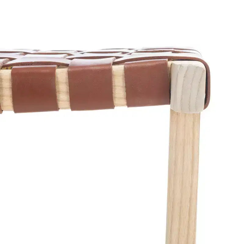 Sgabello da bancone senza schienale con seduta in pelle intrecciata, struttura in legno, 47 cm L x 35,5 cm P