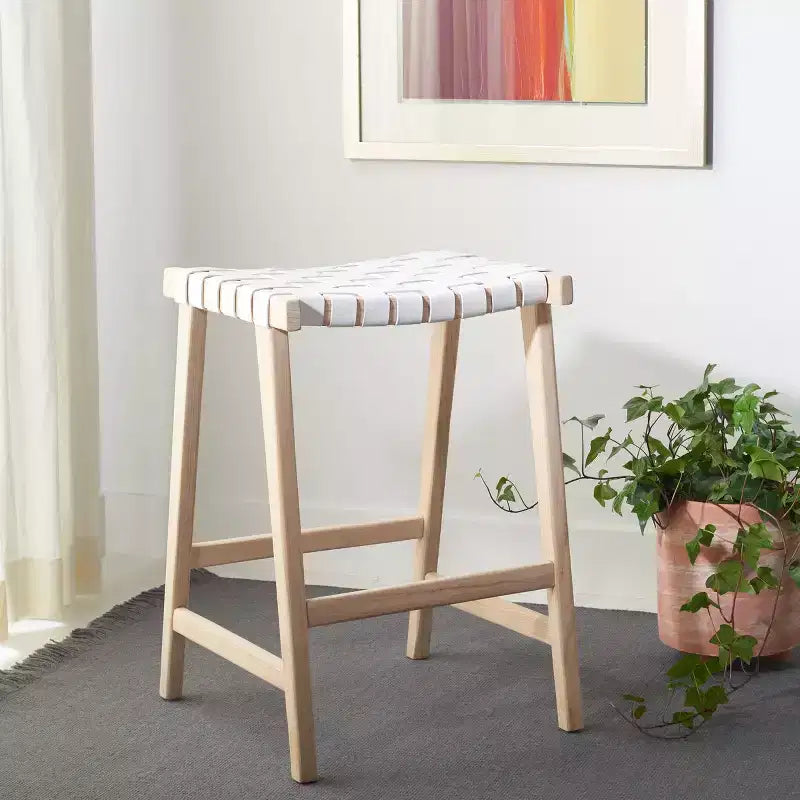 Sgabello da bancone senza schienale con seduta in pelle intrecciata, struttura in legno, 47 cm L x 35,5 cm P