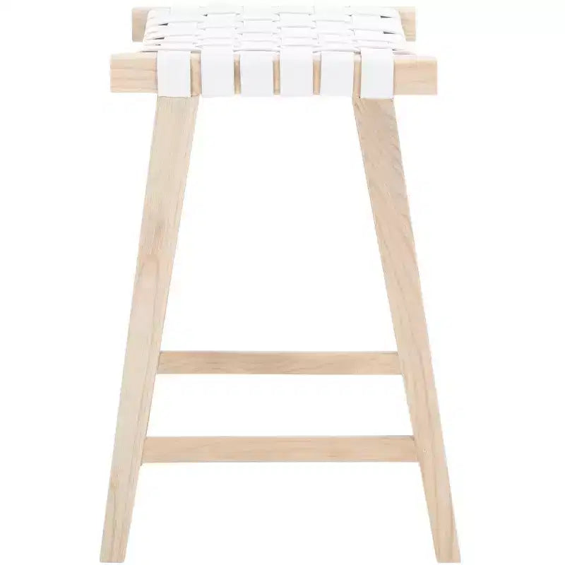 Sgabello da bancone senza schienale con seduta in pelle intrecciata, struttura in legno, 47 cm L x 35,5 cm P