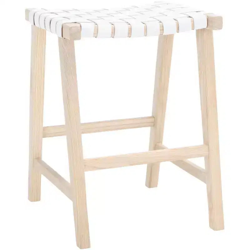 Sgabello da bancone senza schienale con seduta in pelle intrecciata, struttura in legno, 47 cm L x 35,5 cm P
