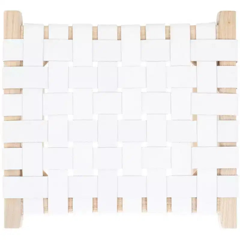 Sgabello da bancone senza schienale con seduta in pelle intrecciata, struttura in legno, 47 cm L x 35,5 cm P